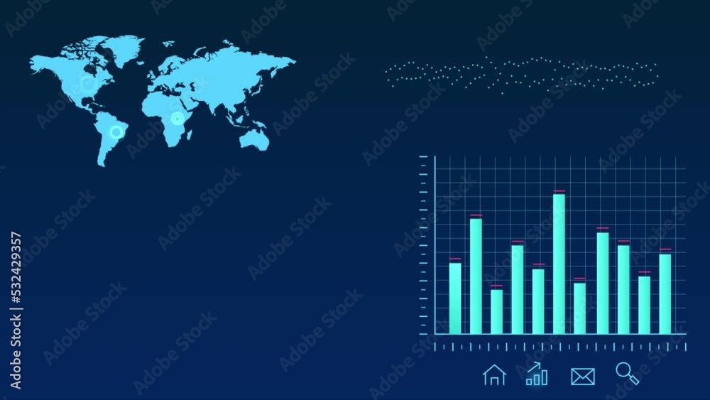 Hud infographic, animation of graphs and charts over globe map background