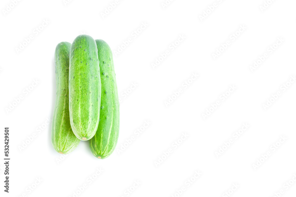 Fresh green cucumbers isolated on white background, Organic vegetables, Herbal plant, Food ingredient Fresh green cucumbers isolated on white background, Organic vegetables, Herbal plant, Food ingredient