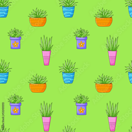 Seamless pattern with different cactus  succulent plant in bright flower pot. Cartoon Cacti. Hand drawing background with houseplants. Vector illustration on green background