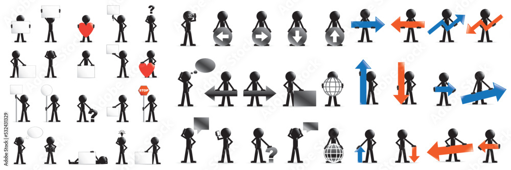 Set of 3d man with arrow and symbols (concept). Vector illustration.