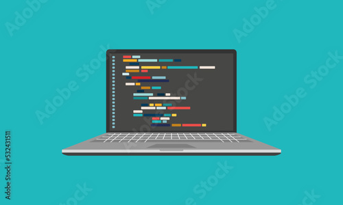 Сoding and programming software. Window laptop computer screen concept. Vector illustration.