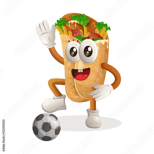 Cute burrito mascot play football, soccer ball