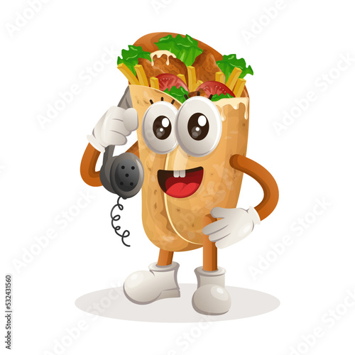 Cute burrito mascot pick up the phone, answering phone calls