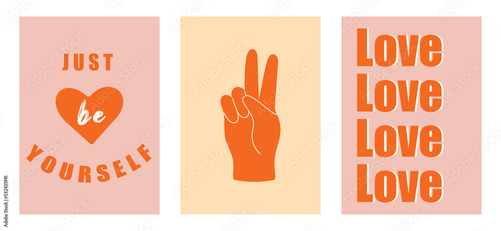 Set of colorful groovy posters in 70s and 60s hippy art style. Abstrcat peace gesture and positive phrases illustrations for prints and cards. Vintage nostalgia vector postcards Set of colorful groovy posters in 70s and 60s hippy art style. Abstrcat peace gesture and positive phrases illustrations for prints and cards. Vintage nostalgia vector postcards