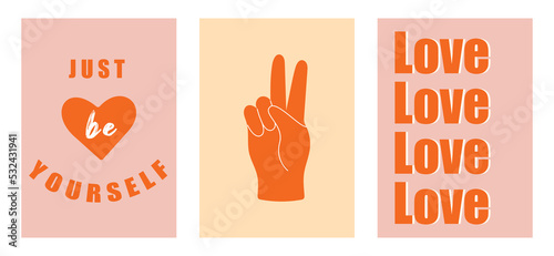 Set of colorful groovy posters in 70s and 60s hippy art style. Abstrcat peace gesture and positive phrases illustrations for prints and cards. Vintage nostalgia vector postcards