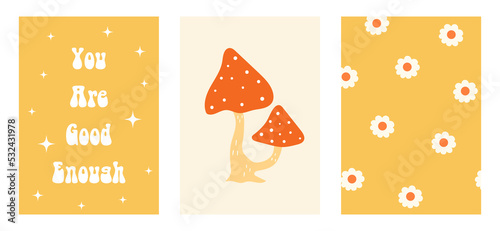 Set of colorful groovy posters in 70s and 60s hippy art style. Psychedelic mushroom, daisy flowers and positive phrase illustrations for prints and cards. Vintage nostalgia vector postcards