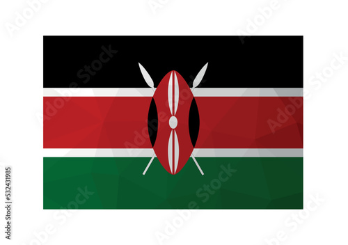 Vector illustration. Official ensign of Kenya. National flag black, red, green stripes. Creative design in low poly style with triangular shapes. Gradient effect
