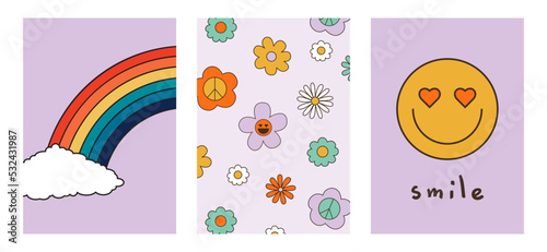 Set of colorful groovy posters in 70s and 60s hippy art style. Psychedelic rainbow, flowers and smiling face illustrations for prints and cards. Vintage nostalgia vector postcards