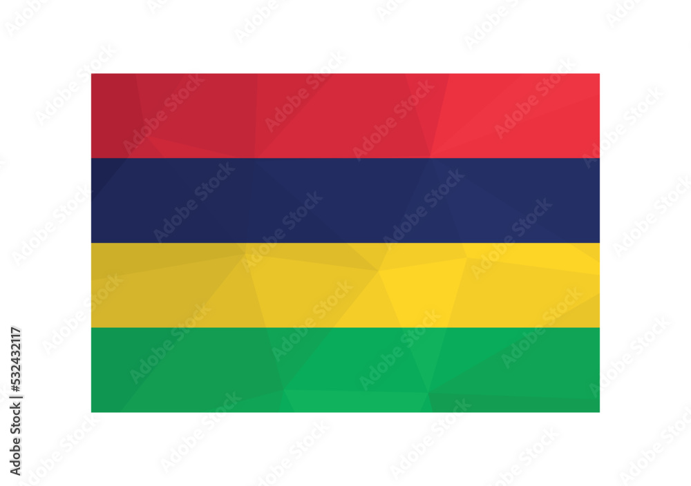 Vector illustration. Official ensign of Mauritius. National flag with red, blue, yellow, green stropes. Creative design in low poly style with triangular shapes. Gradient effect Vector illustration. Official ensign of Mauritius. National flag with red, blue, yellow, green stropes. Creative design in low poly style with triangular shapes. Gradient effect