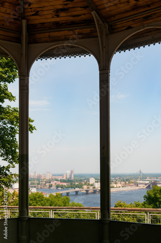View of the Obolon district of Kiev from the gazebo in Volodymyrska Hill park.High buildings appear in the distance