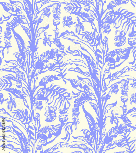summer tropical seamless pattern with a blue palm tree and growing bananas on a white background drawn in a naive style in gouache for textiles and design surfaces © Марина Воюш