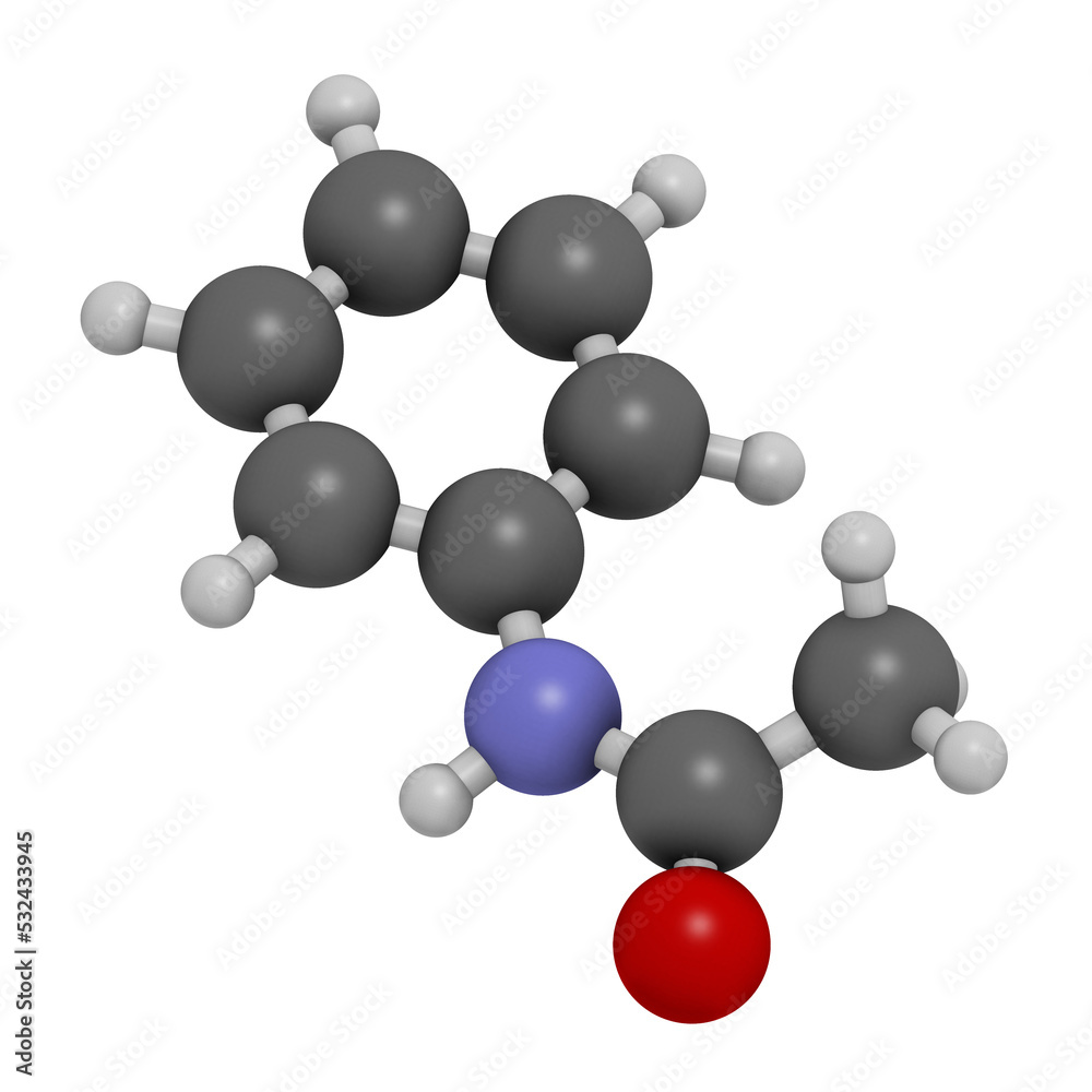 Acetanilide analgesic drug molecule (obsolete), 3D rendering. Acetanilide analgesic drug molecule (obsolete), 3D rendering.