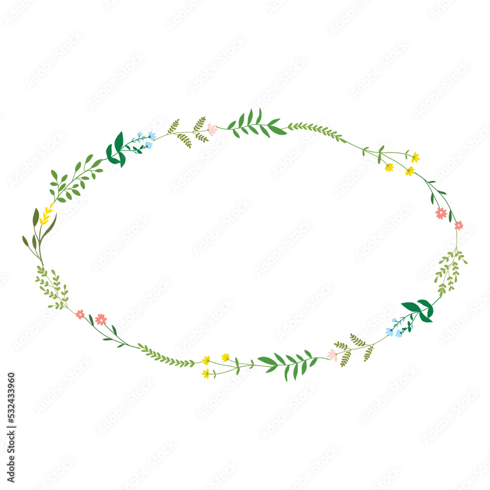Fototapeta premium Oval floral frame from various wildflowers in pastel colors. Card template with copy space for holidays wedding