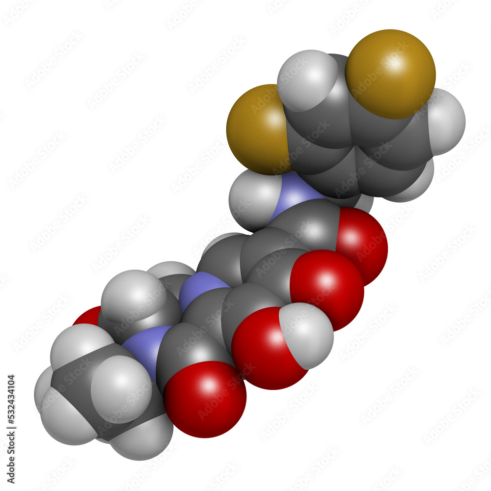 Cabotegravir HIV drug molecule (integrase inhibitor), 3D rendering. Cabotegravir HIV drug molecule (integrase inhibitor), 3D rendering.