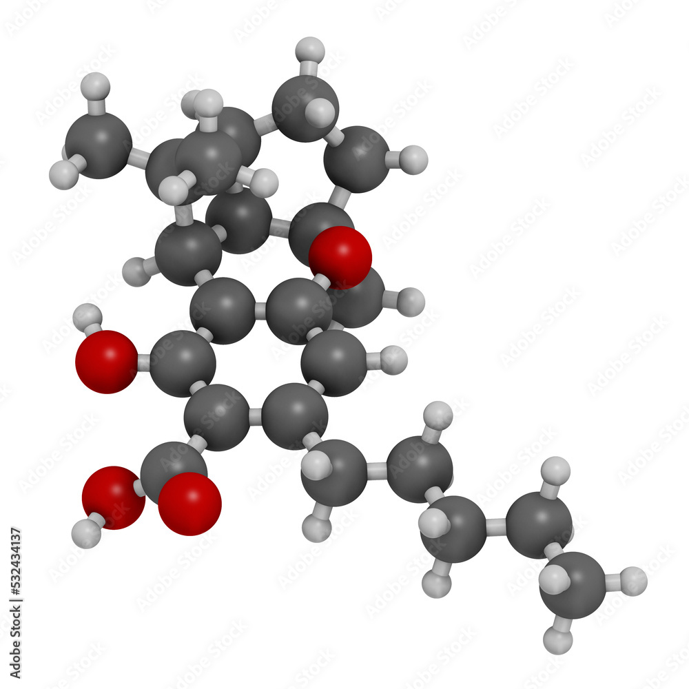 Cannabicyclolic acid cannabinoid molecule, 3D rendering. Cannabicyclolic acid cannabinoid molecule, 3D rendering.
