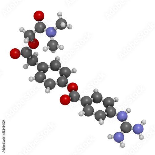 Camostat drug molecule. Serine protease inhibitor, investigated for treatment of Covid-19, 3D rendering.