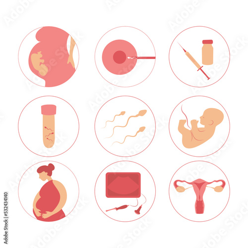 Motherhood set. Woman fertility icon set. Obstetrics signs collection. Pregnancy insemination contraception concept.