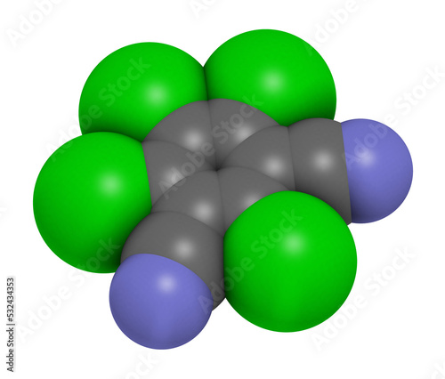Chlorothalonil pesticide molecule, 3D rendering. photo