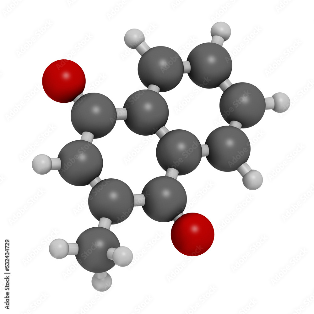 Vitamin K3 or menadione molecule, 3D rendering. Vitamin K3 or menadione molecule, 3D rendering.