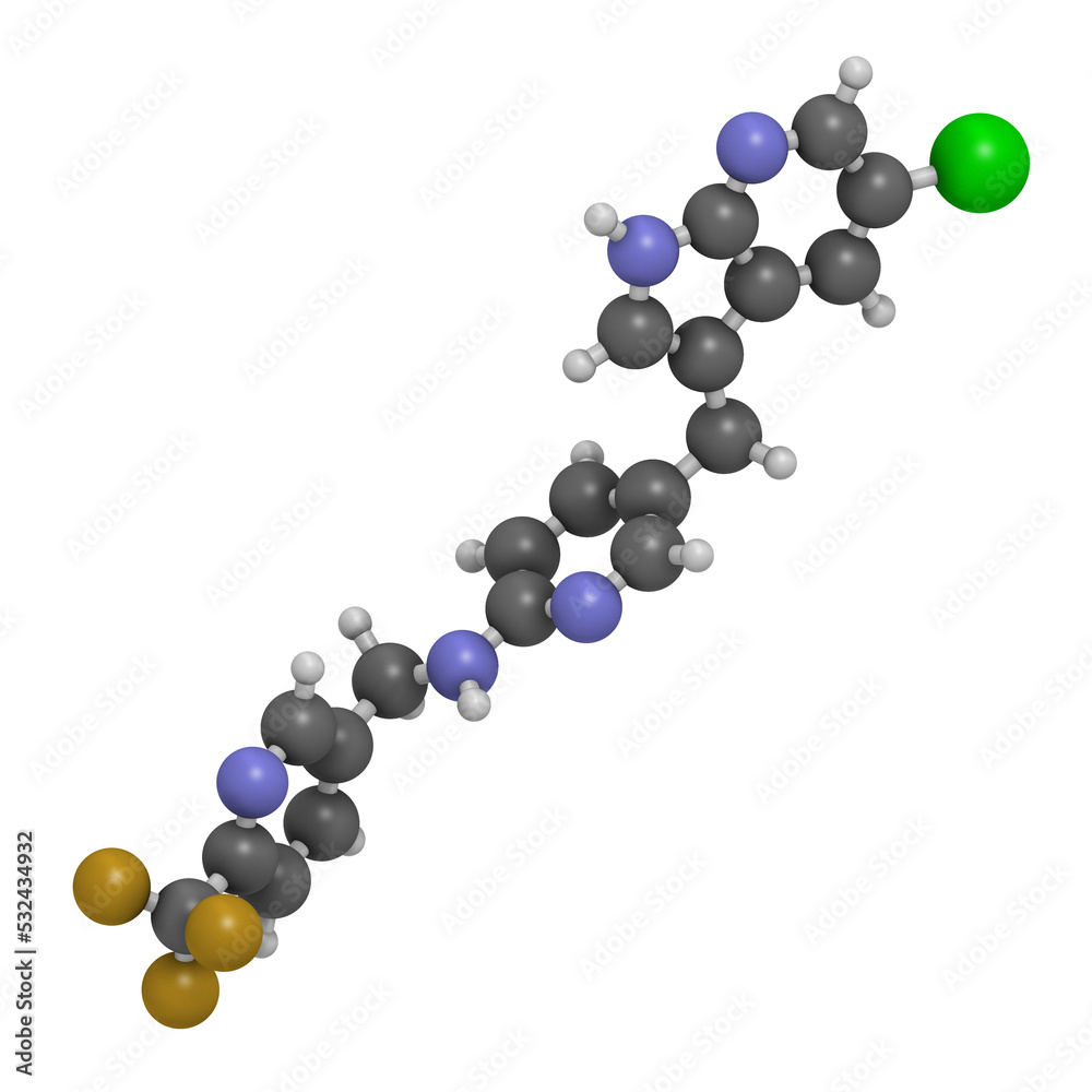 Pexidartinib cancer drug molecule, 3D rendering. Pexidartinib cancer drug molecule, 3D rendering.