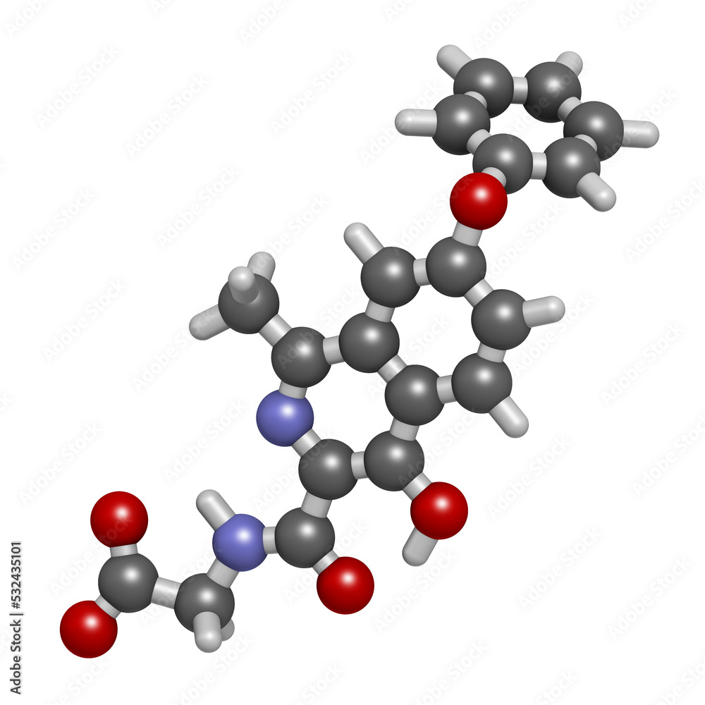 Roxadustat drug molecule, 3D rendering. Roxadustat drug molecule, 3D rendering.