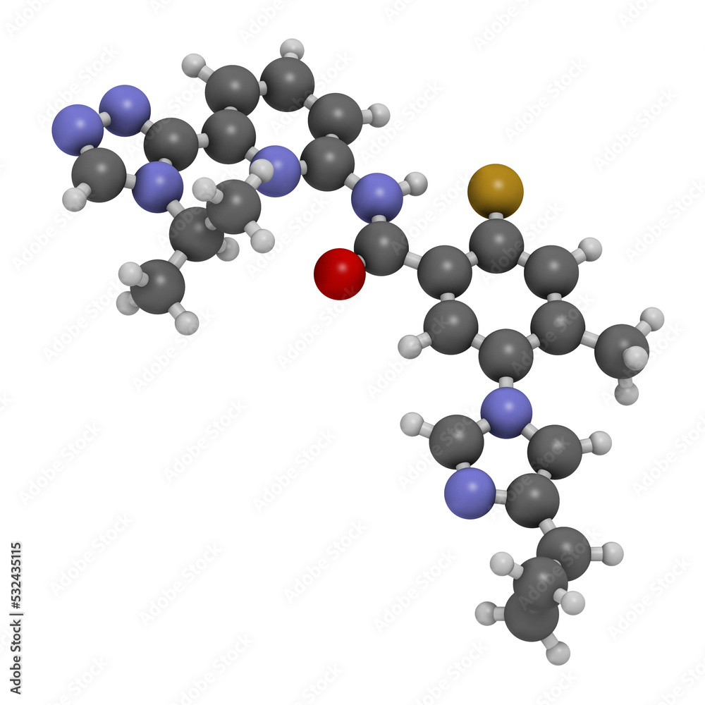 Selonsertib drug molecule, 3D rendering. Selonsertib drug molecule, 3D rendering.