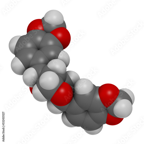 Sesamin molecule. Lignan present in sesame oil, 3D rendering.