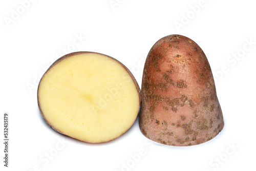 Isolated potatoes. Cut raw potato vegetables isolated on white background with clipping path
