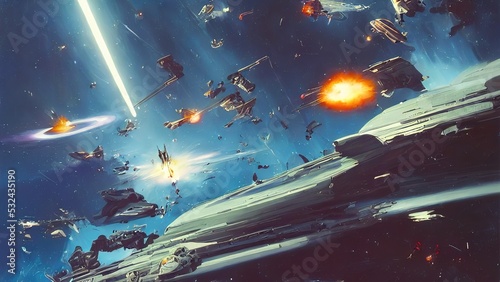 Billede på lærred Space battle of spaceships and battle cruisers, laser shots sparks and explosions
