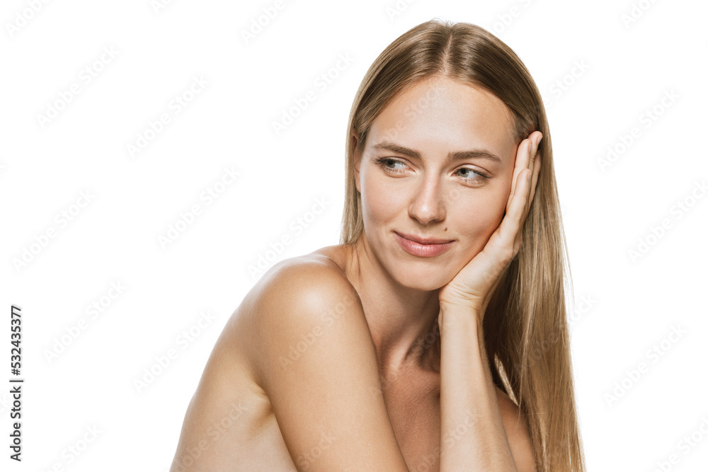 Half-length portrait of young, beautiful girl with well-kept skin isolated on white background. Spa, cosmetology, face lifting and skin care concept Half-length portrait of young, beautiful girl with well-kept skin isolated on white background. Spa, cosmetology, face lifting and skin care concept