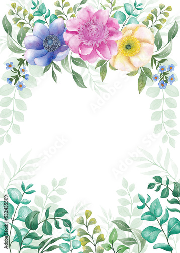 Watercolor floral illustration. Frame, border, bouquet, wreath; wedding stationery, congratulations, wallpaper, fashion, posters, background. leaves, flowers.