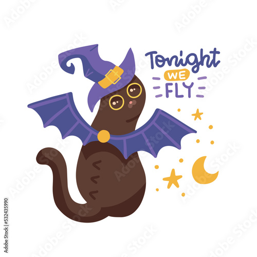 Halloween t-shirt design with decorated phrase Tonight we fly and cute black cat weating bat wings and with hat. Perfect design for halloween celebration. Vector flat illustration isolated on white
