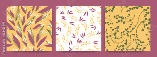 Floral Pattern Set. Seamless Lily Bell Fabric Design. Elegant Botanical Decoration. Spring Floral Pattern. Fresh Foliage Invitation. Bunch of Convallaria Majalis. Floral Pattern Set.