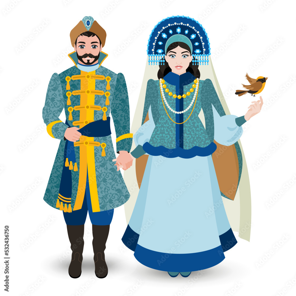 Newlyweds. A young couple in rich Slavic costumes. A girl in a kokoshnik with a veil holds a man's hand. Historical costume. Fashion.