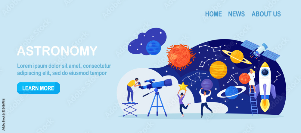 Astronomy, astronomical observation. Man studying galaxy through telescope, explore planets, universes. People watching meteors, constellation of stars. Astronomer observing sky with celestial bodies