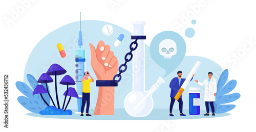 Addiction treatment, recovery and rehabilitation. Life-threatening condition. People in depression addicted to drugs, nicotine substances, alcohol. Addict man chained to bong. Strong hangover