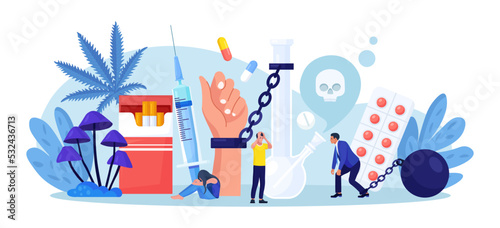 Addiction. Life-threatening condition. Sad people in depression, stress  addicted to drugs, nicotine substances, alcohol. Addict man chained to bong. Strong hangover. Alcoholism and narcology
