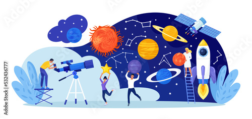 Astronomy, astronomical observation. Man studying galaxy through telescope, explore planets, universes. People watching meteors, constellation of stars. Astronomer observing sky with celestial bodies