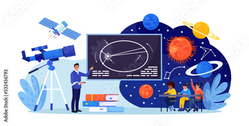 Fototapeta Naklejka Na Ścianę i Meble -  Astronomy, astronomical observation. Pupils at astronomy class in planetarium. Children learning planets, universes. Students studying galaxy through telescope, watching meteors constellation of stars