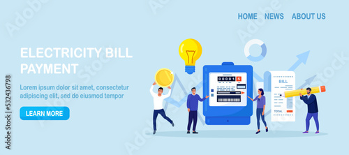 People paying utilities. Invoice and electricity meter. Man worried, stressed over bill. Utility bills payment. Electricity consumption expenses. Technician repair, meter installation, energy saving