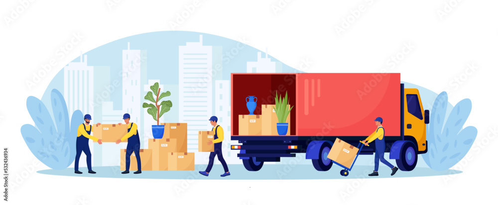 Relocation, moving to new house. Man in overalls loading box in van. Professional delivery company, loader service. Workers carry goods and furniture using trolley. Pile of stacked boxes in truck