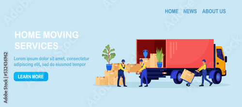 Relocation, moving to new house. Man in overalls loading box in van. Professional delivery company, loader service. Workers carry goods and furniture using trolley. Pile of stacked boxes in truck