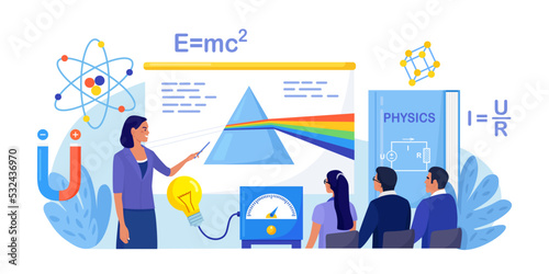 Physics school subject. Students studying color dispersion through prism in classroom. Scientist explore electricity, light wave forces. Teacher pointing at chalkboard, teaching pupils. Lab experiment