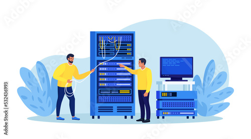 System administrator upkeeping server, adjusting network, PC hardware. Sysadmin repairing computer. Administration, data center maintenance service. Repairman doing technical work with server rack
