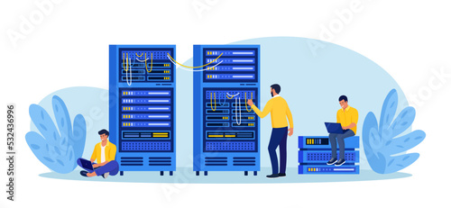 System administrator upkeeping server, adjusting network, PC hardware. Sysadmin repairing computer. Administration, data center maintenance service. Repairman doing technical work with server rack