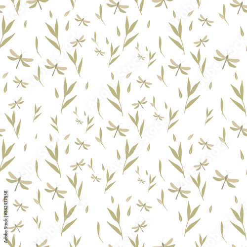 Fototapeta Naklejka Na Ścianę i Meble -  Seamless vector botanical pattern. Dragonflies and grass. Great for printing on fabric and paper.
