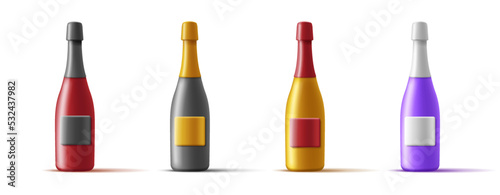 Set od 3d wine bottles of sparkling vine in different colors