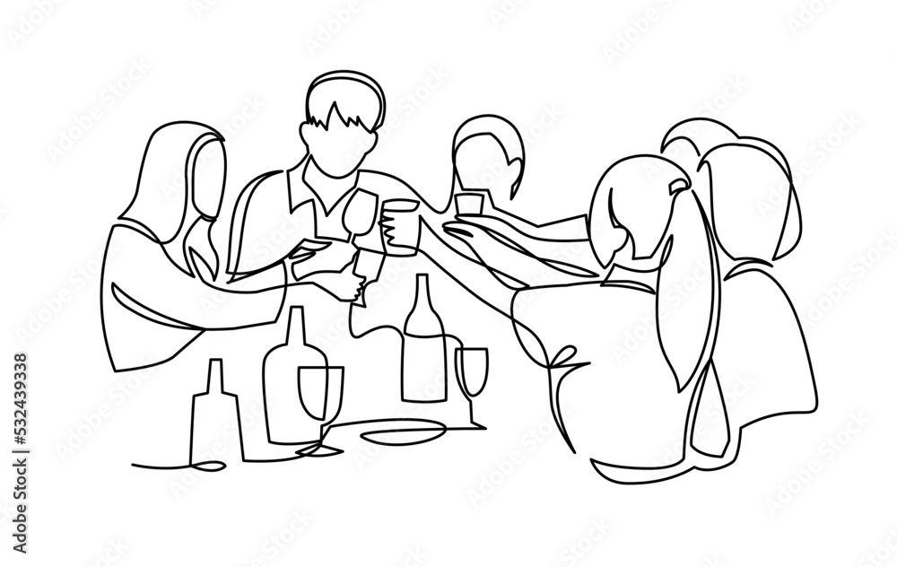 Continuous one line drawing of Group of happy boys and girls clinking glasses and drinking alcohol at celebratory party. Joyful friends celebrating together vector illustration