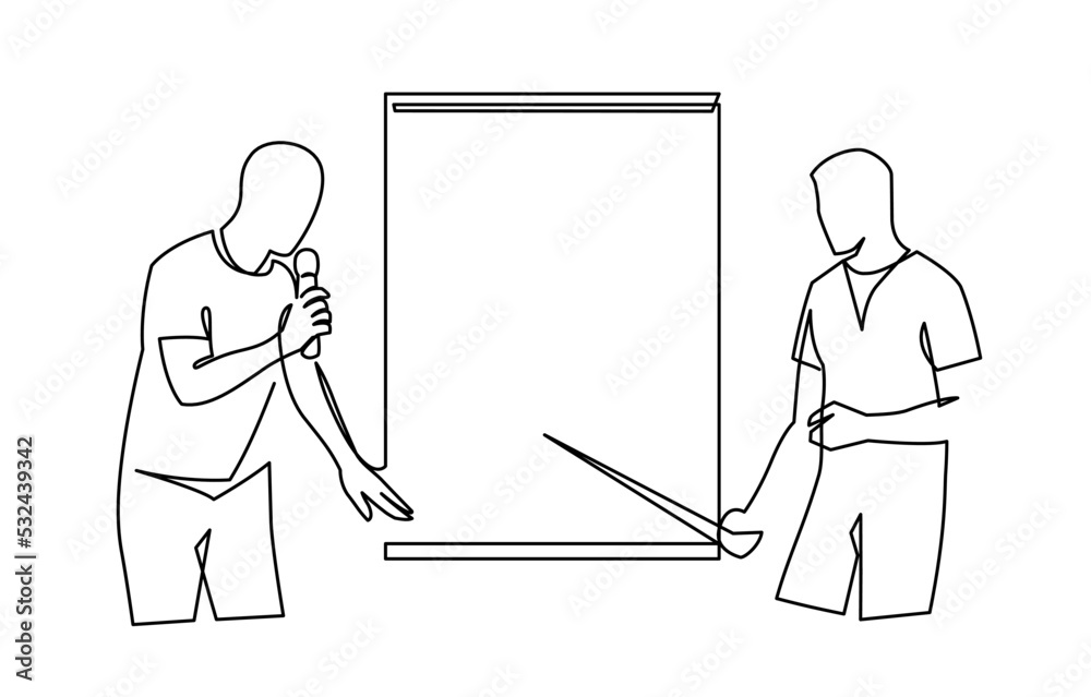 Continuous one line drawing of two young happy businessman present their project in the office meeting room. Business meeting and presentation concept