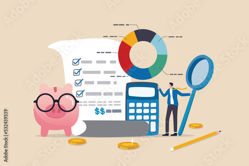 Budget planning or income management, spending and expense report or investment balance sheet, debt calculation and analysis, businessman with magnifier planning budget with calculator and chart. photo
